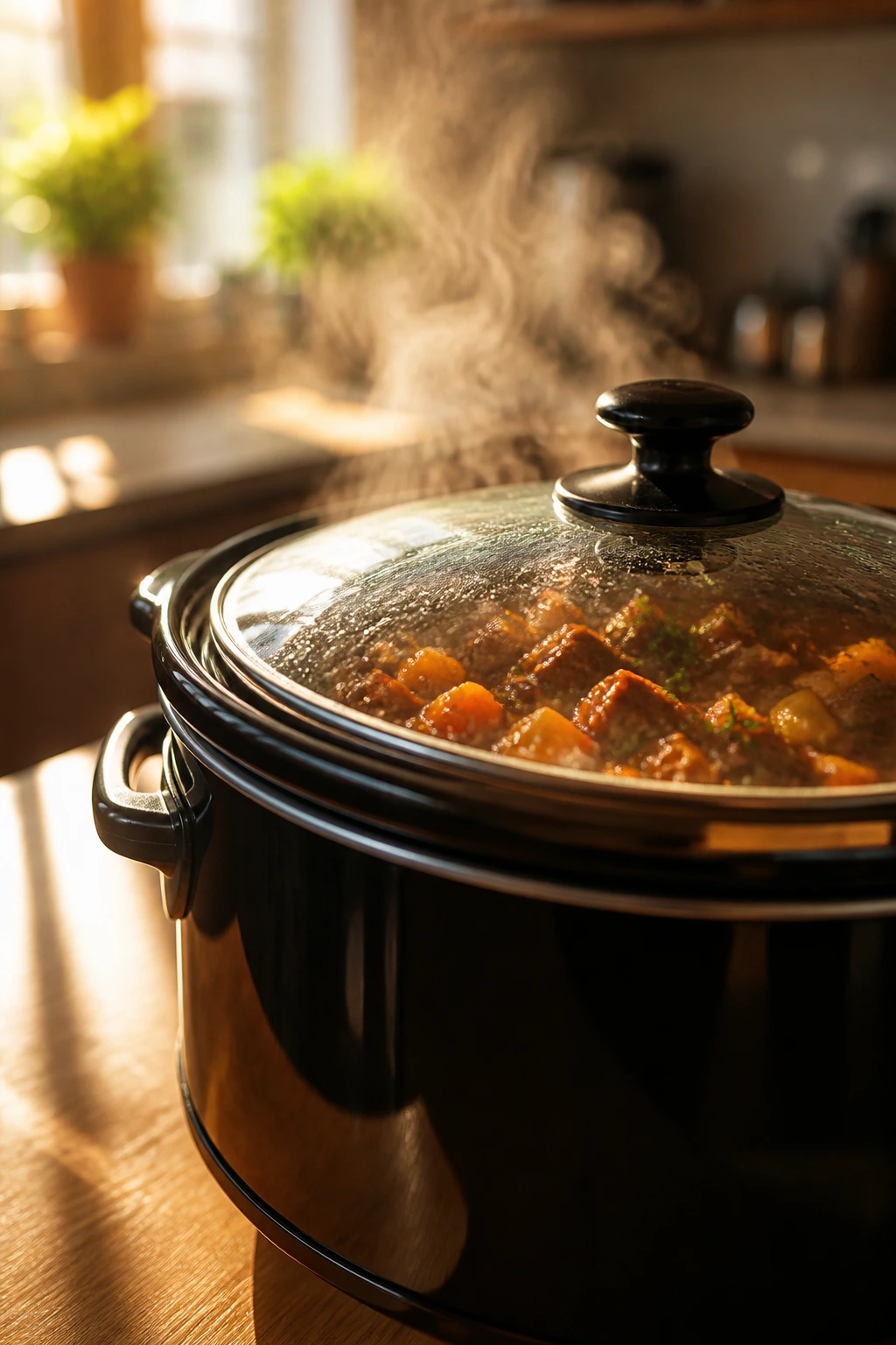 Slow cooker steaming on a kitchen counter in a cozy kitchen.
