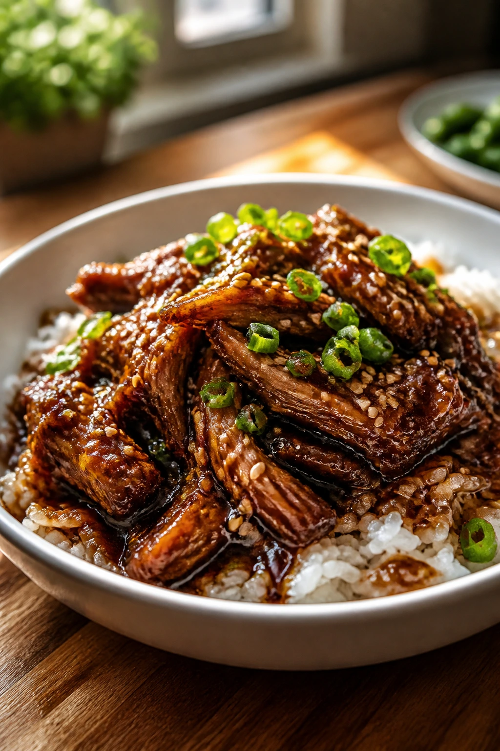 Glossy shredded meat with sesame glaze over rice in a takeout-style bowl