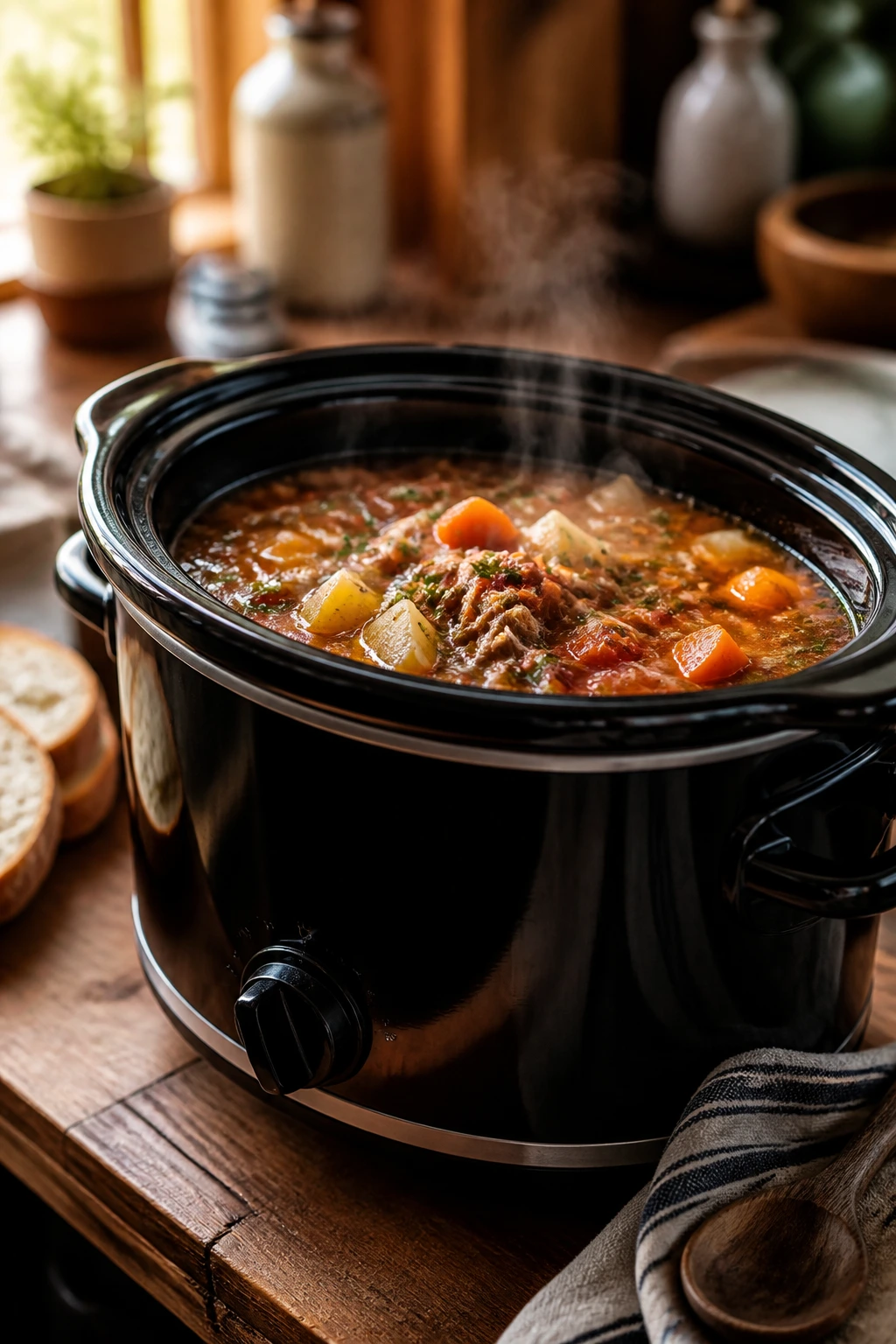 Close-up of a glossy slow cooker with steaming soup on a rustic kitchen counter.