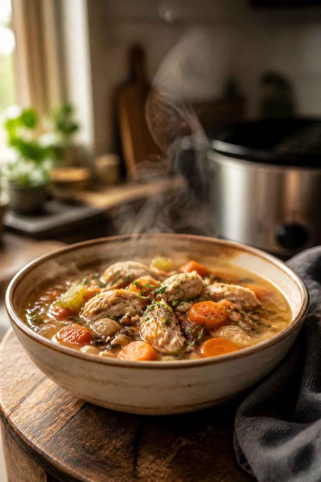 Close-up of steaming crockpot soup in a rustic kitchen