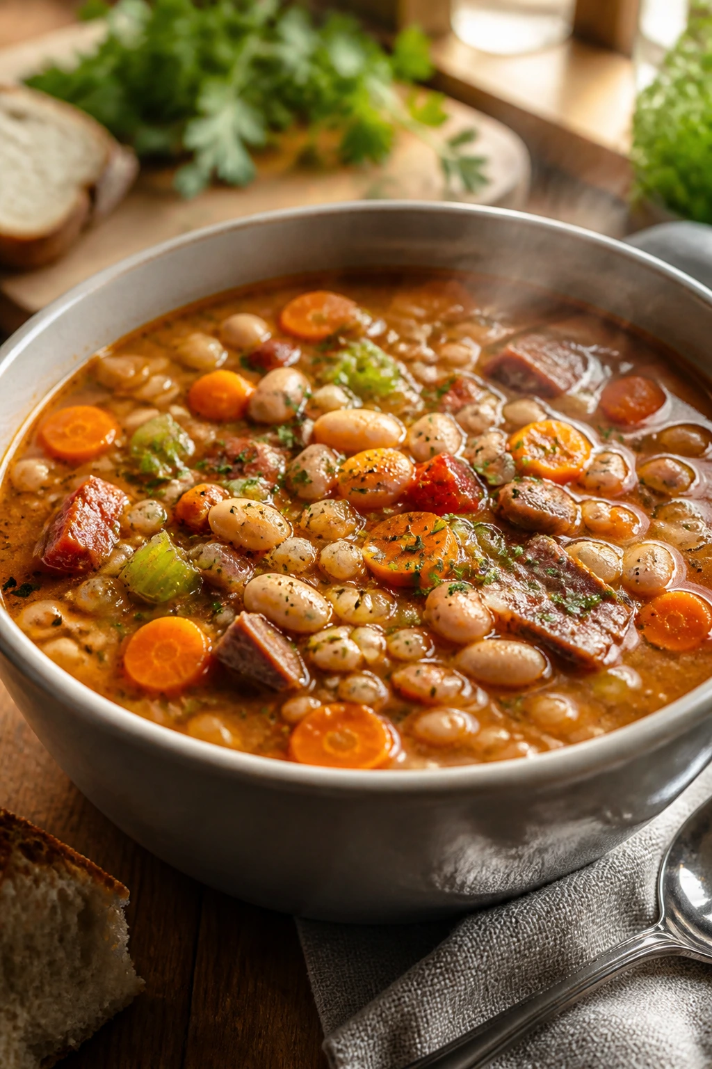 Steaming bowl of hearty crockpot-inspired soup with beans and barley on a kitchen table