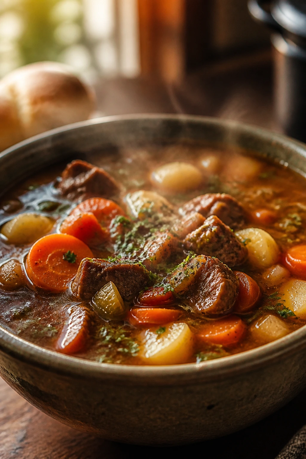Steaming bowl of hearty crockpot soup in a warm rustic kitchen