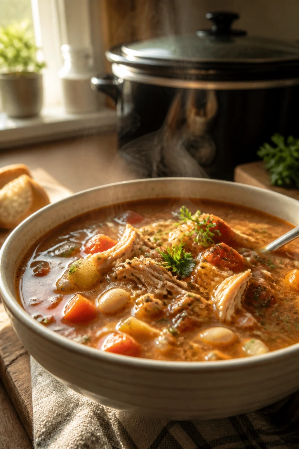 Close-up of steaming crockpot-style soup in a cozy kitchen