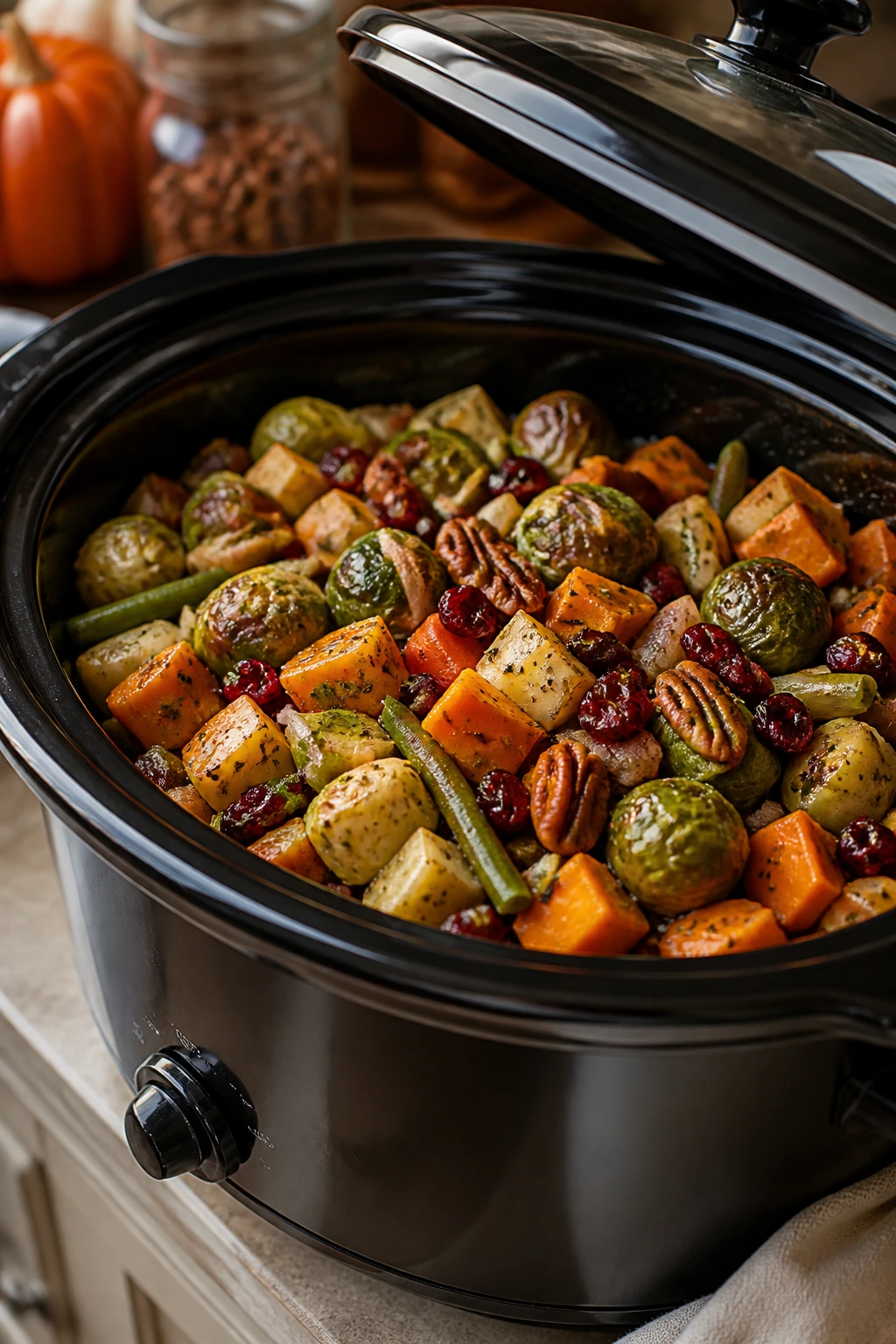 Colorful vegetable medley in a slow cooker on kitchen counter