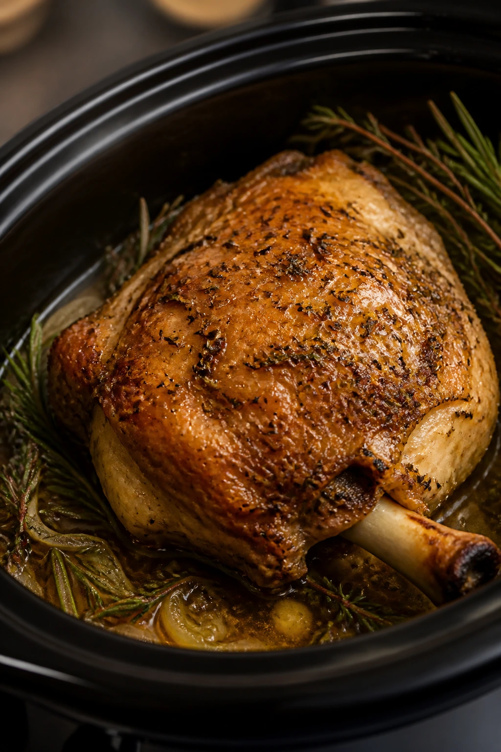 Close-up of a crockpot turkey thigh with braising liquid and herbs in a warm kitchen
