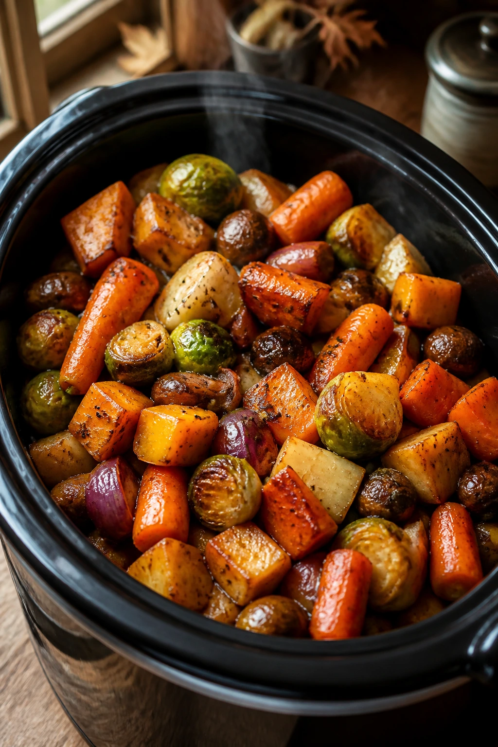 Close-up of a colorful Thanksgiving crockpot vegetable medley in a warm kitchen