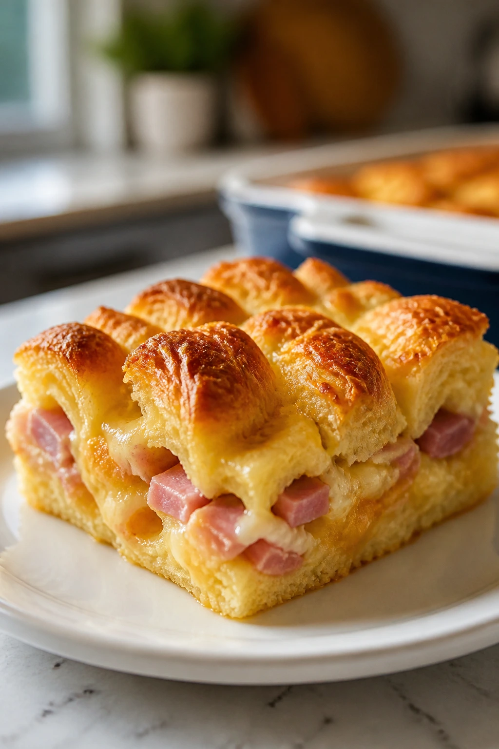 Close-up of ham and cheese croissant bake slice on a plate in a cozy kitchen