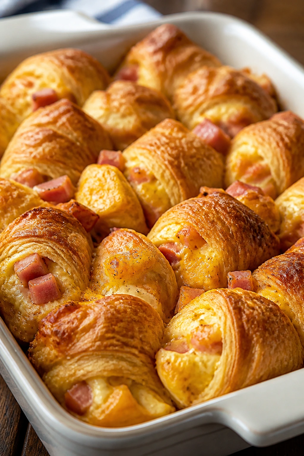 Close-up of croissant bites with ham and cheddar in a baking dish