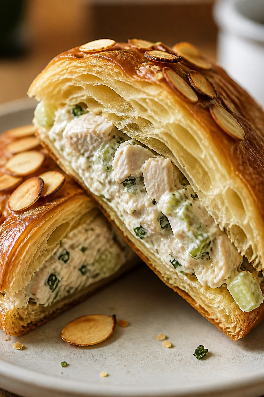 Close-up of diagonally cut croissant sandwich with visible chicken salad and almonds