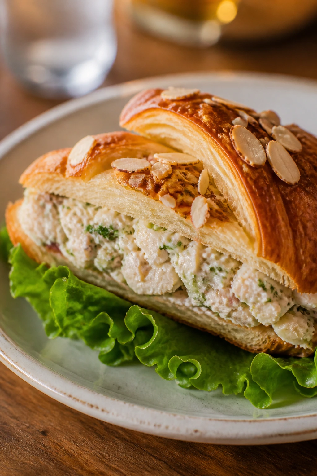 Diagonal-cut croissant on plate with chicken salad filling and almonds, lettuce under
