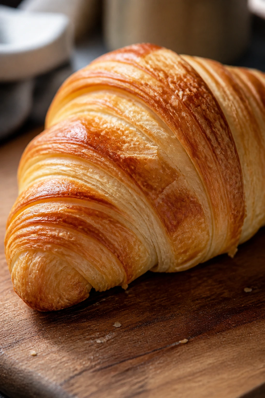 Butter croissant with flaky layers on a wooden board