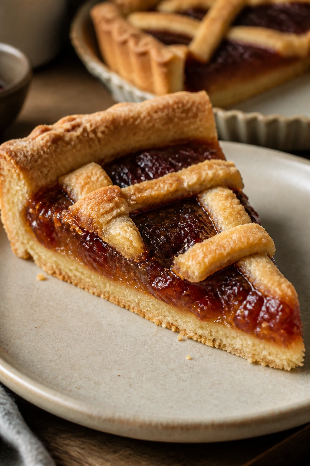 Slice of crostata with jam on a plate in a cozy kitchen