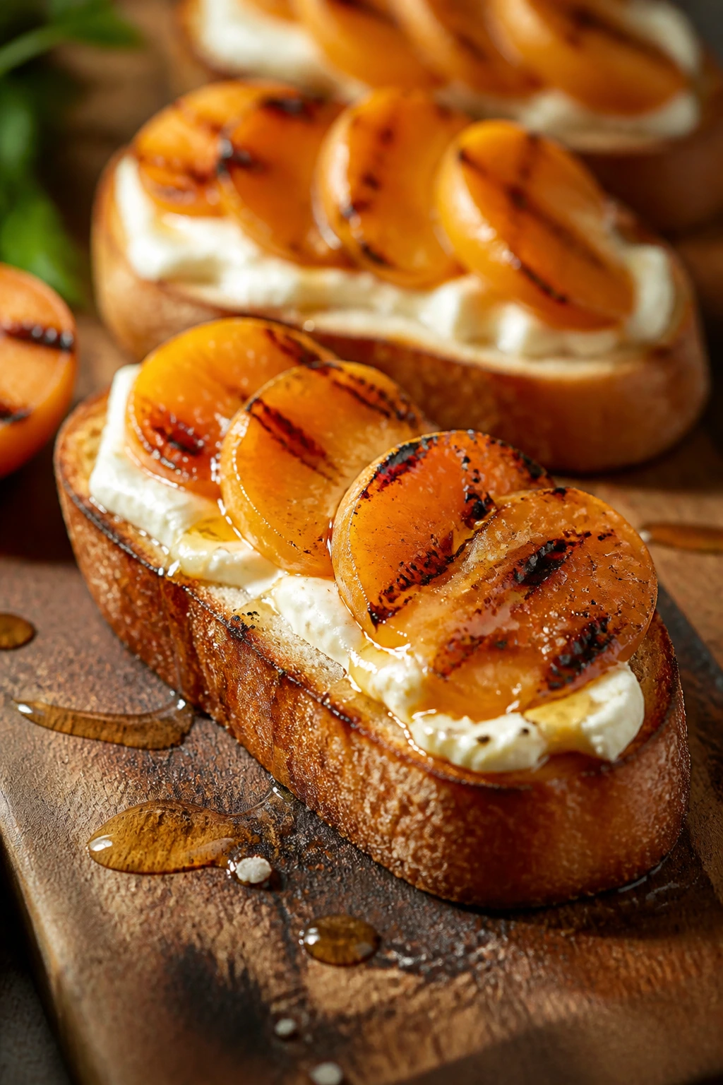 Crostini with grilled apricots and goat cheese on a board outdoors