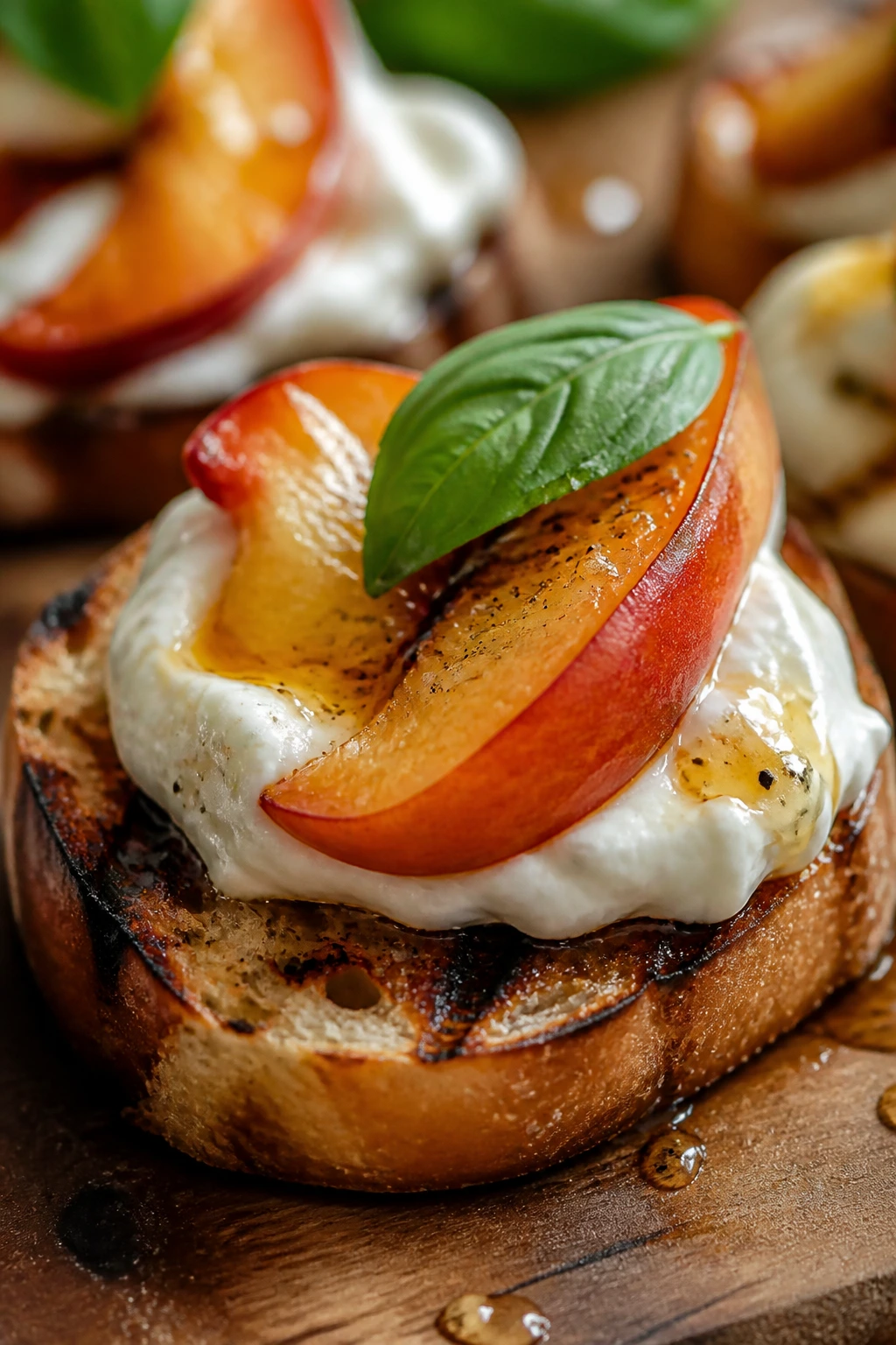 Close-up of a crostini topped with burrata and peach on grilled bread