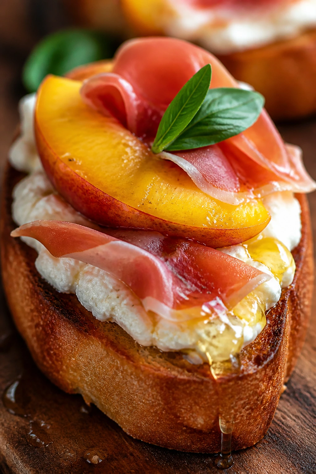 Crostini with peach and prosciutto on a wooden board