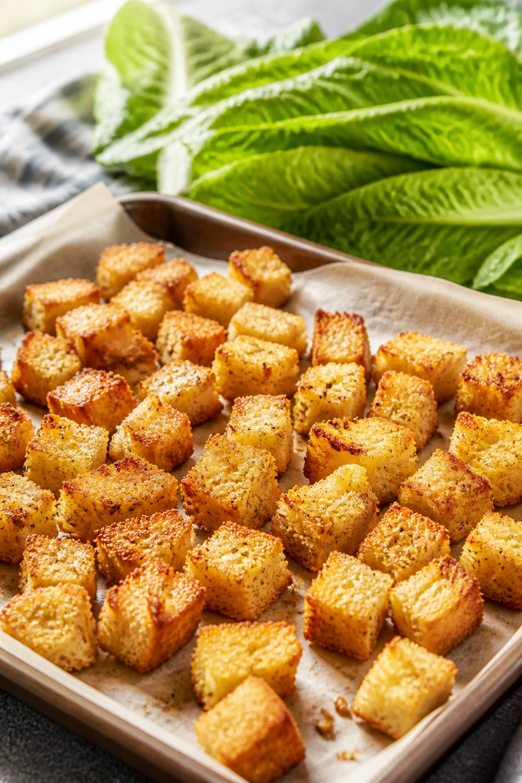 Golden croutons on parchment with crisp romaine leaves in a bright kitchen