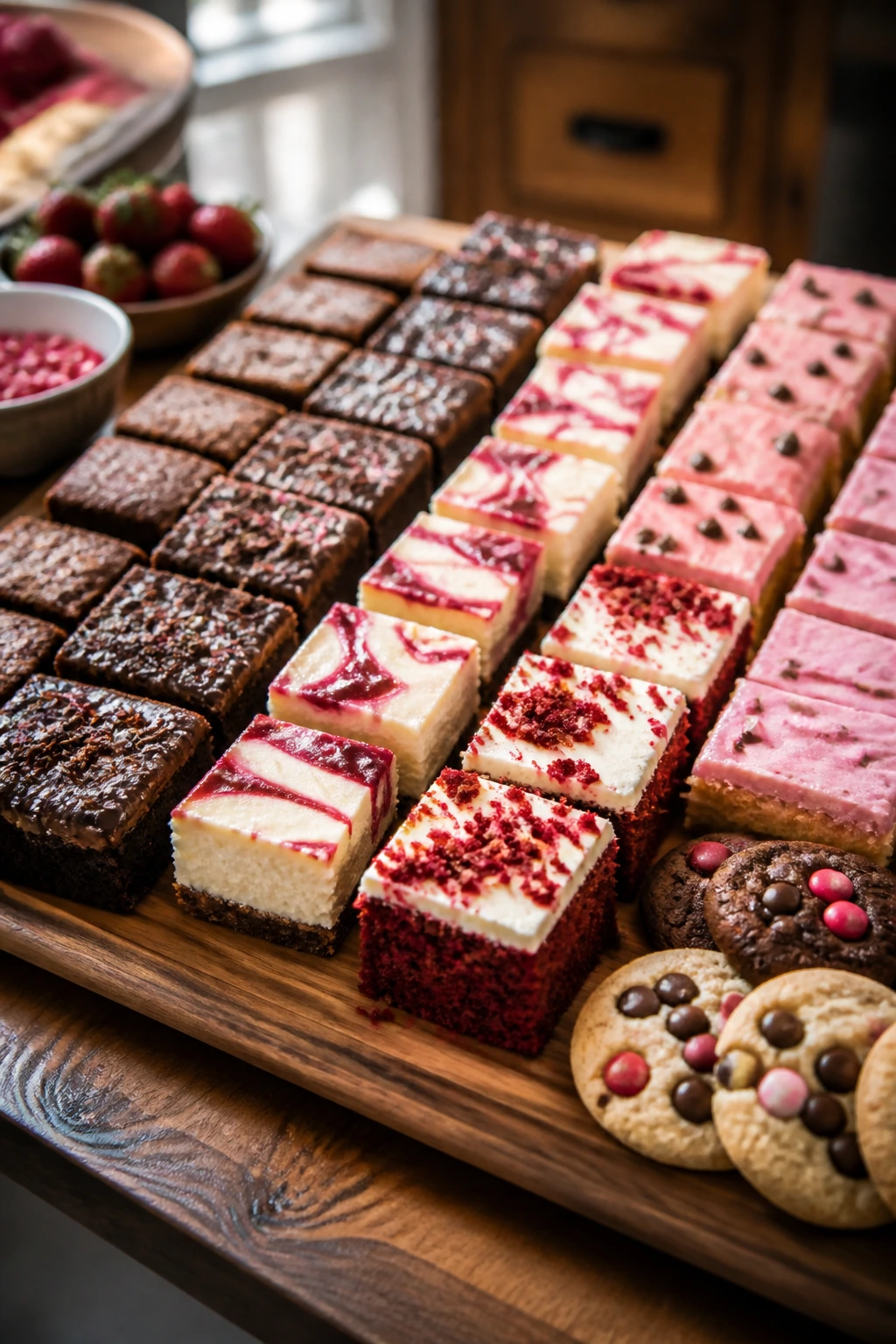 Close-up of a crowd-friendly dessert platter with bars, cookies, and cheesecake squares on a wooden board
