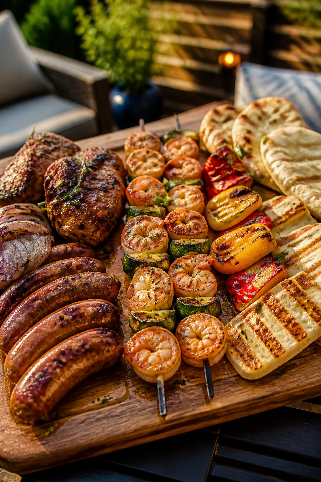 Close-up of a wooden board with three grilled sections representing different crowd diets on a sunlit backyard patio.
