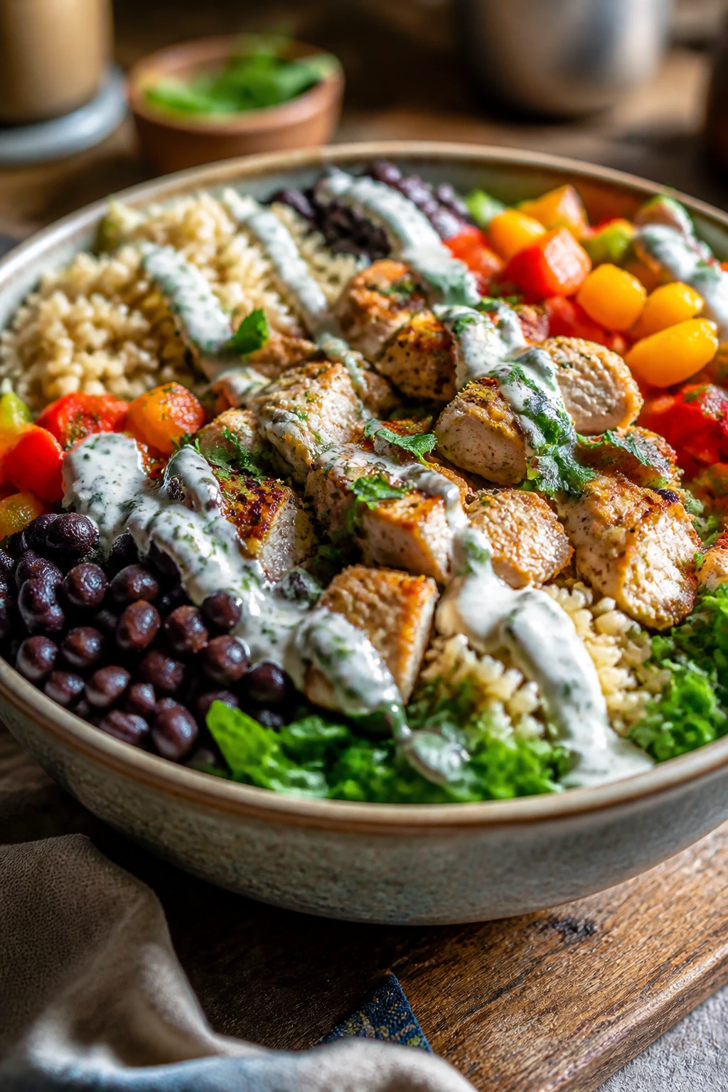 Close-up of a colorful crowd dinner bowl with rice, chicken, beans, peppers and greens in a kitchen