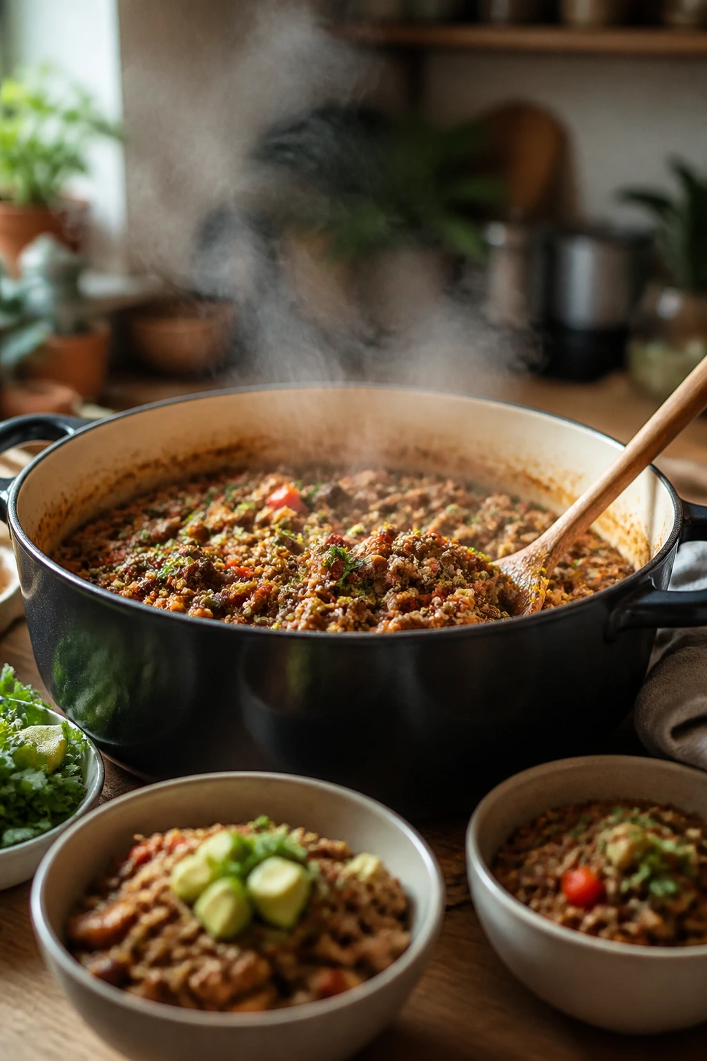 Close up of a steaming pot and bowls in a home kitchen hinting at crowd-friendly dinner