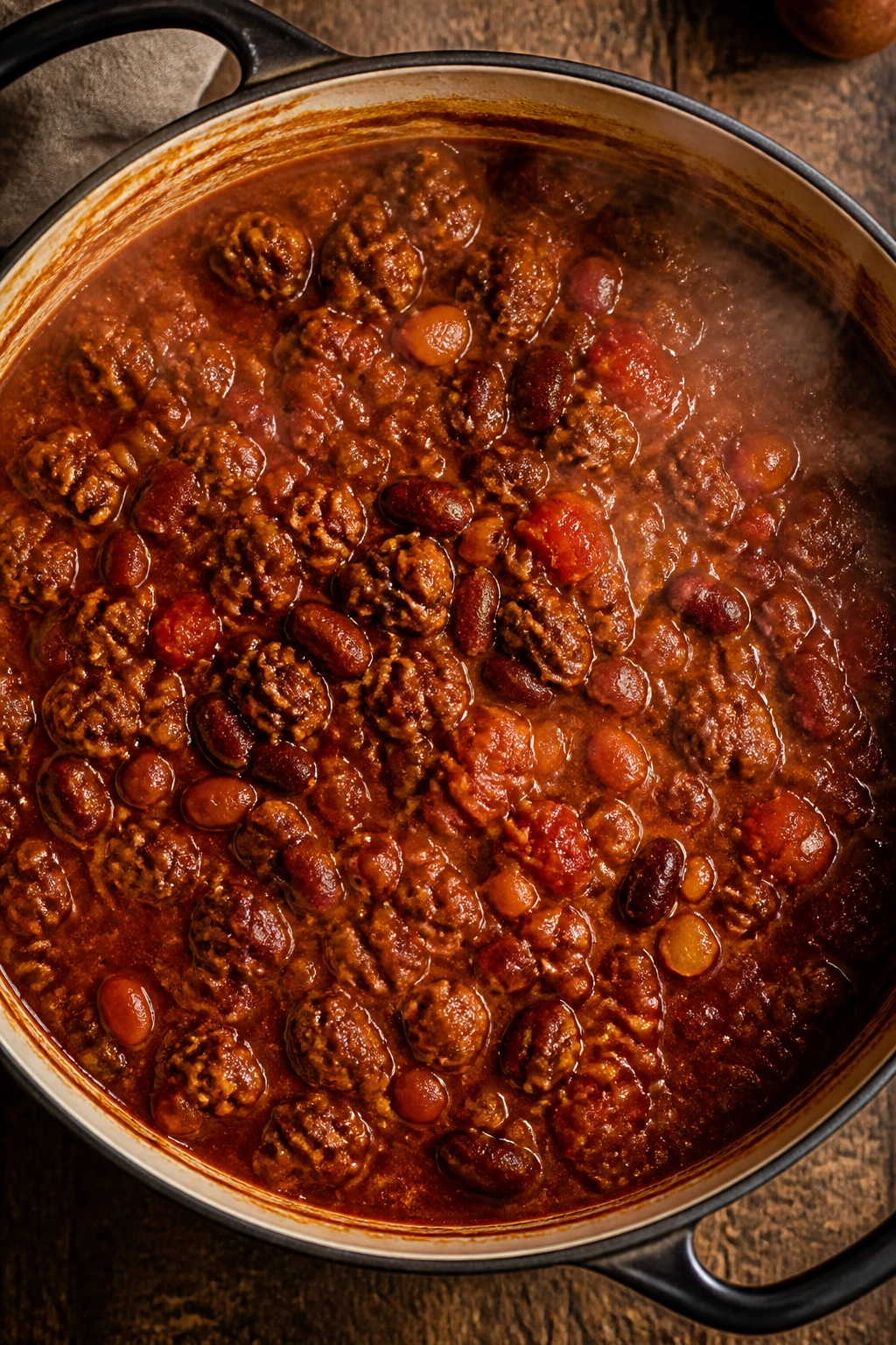 Large pot of hearty chili with meat and beans steaming