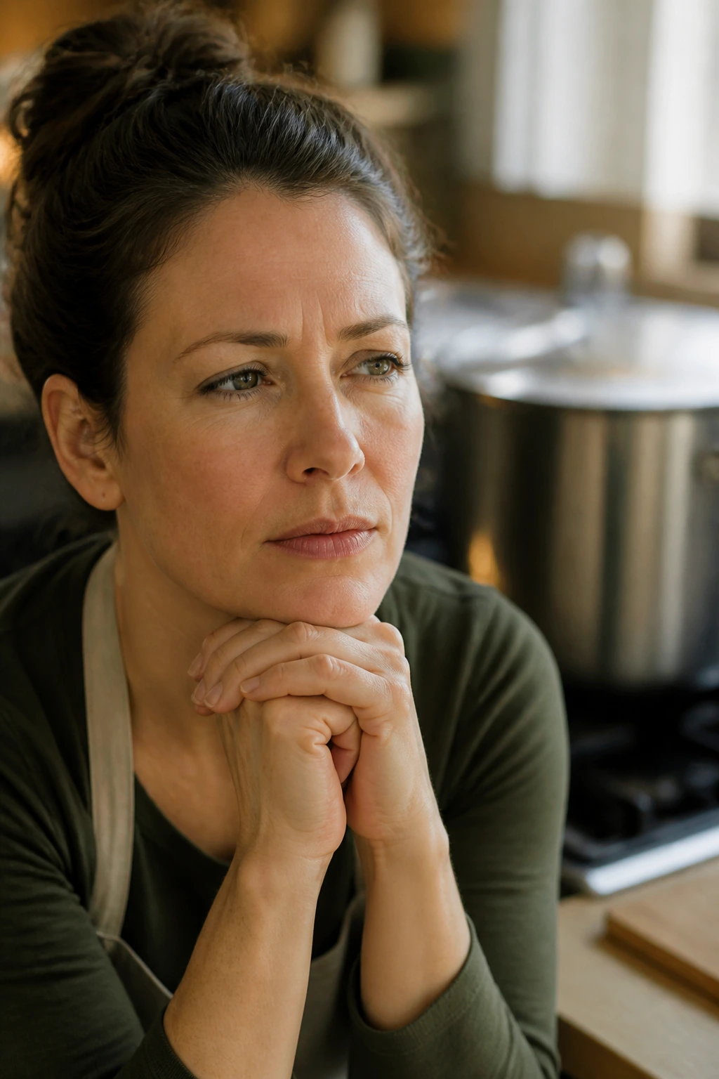 Thoughtful cook pondering questions with a giant pot in the background.