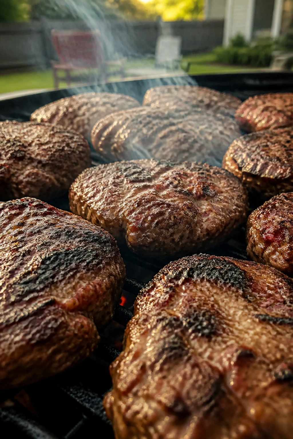 Close-up of a crowded grill with burgers crowded together and uneven browning at a backyard cookout