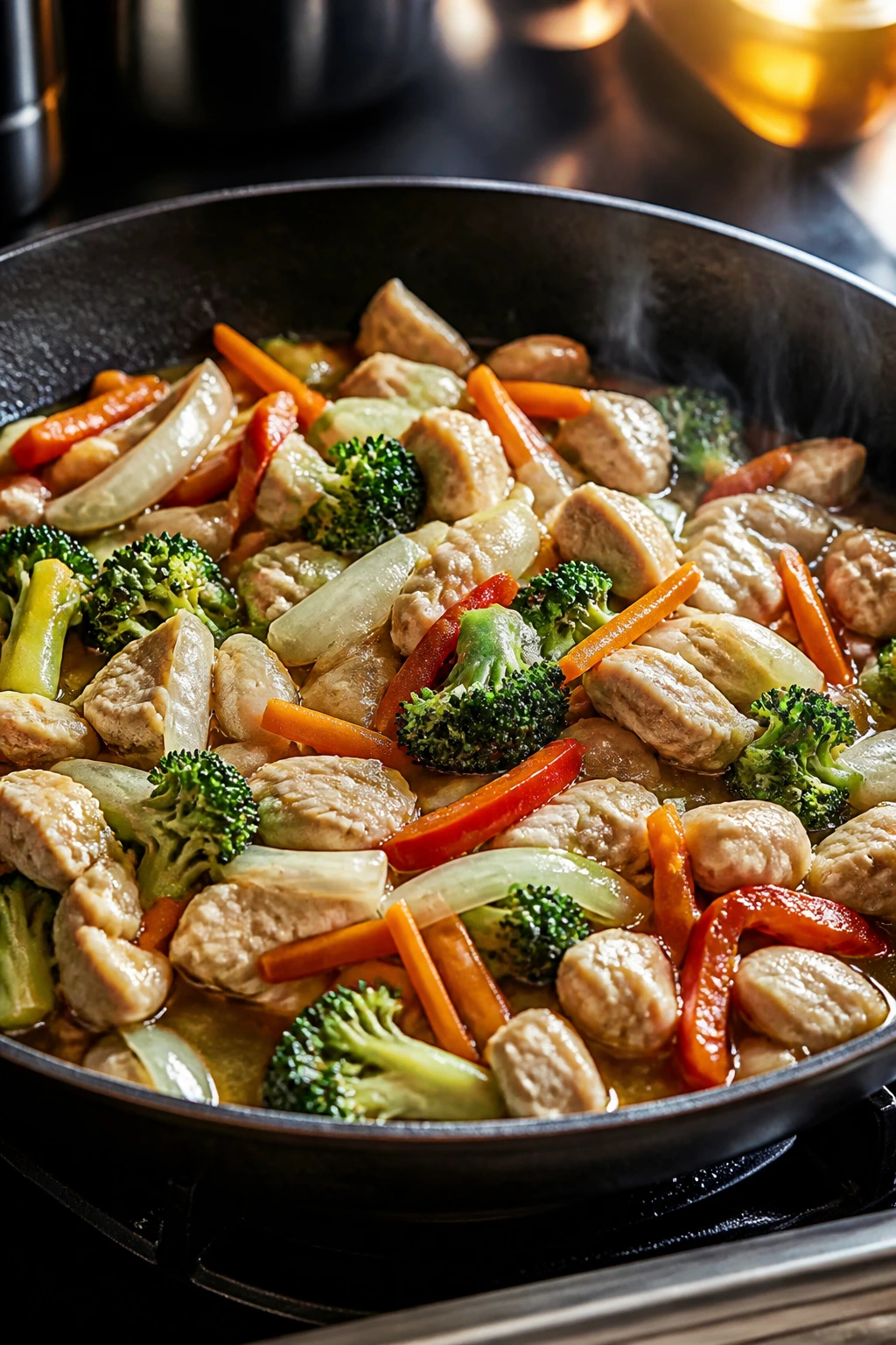 Crowded skillet with vegetables and sauce showing overcooking risk