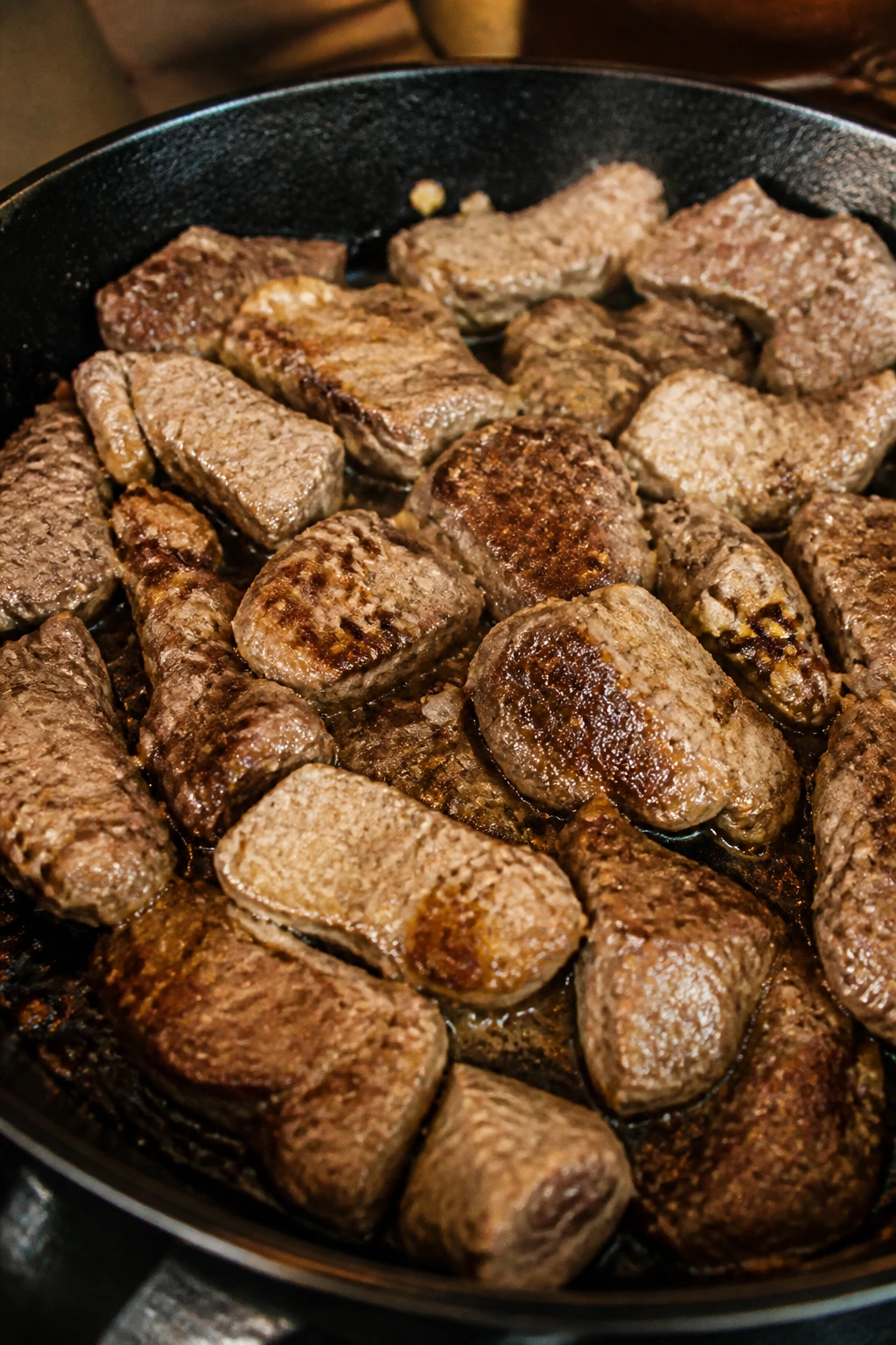 Crowded skillet with beef pieces not browning properly