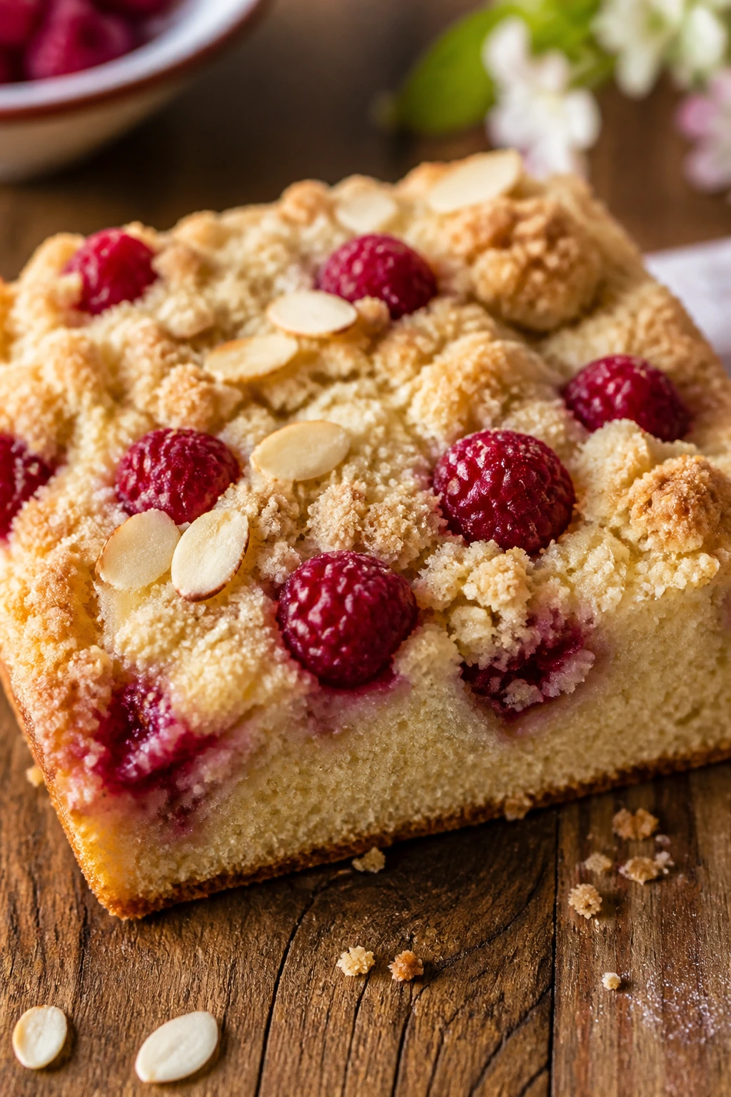 Close-up of raspberry almond crumb cake with crumb topping and raspberries.