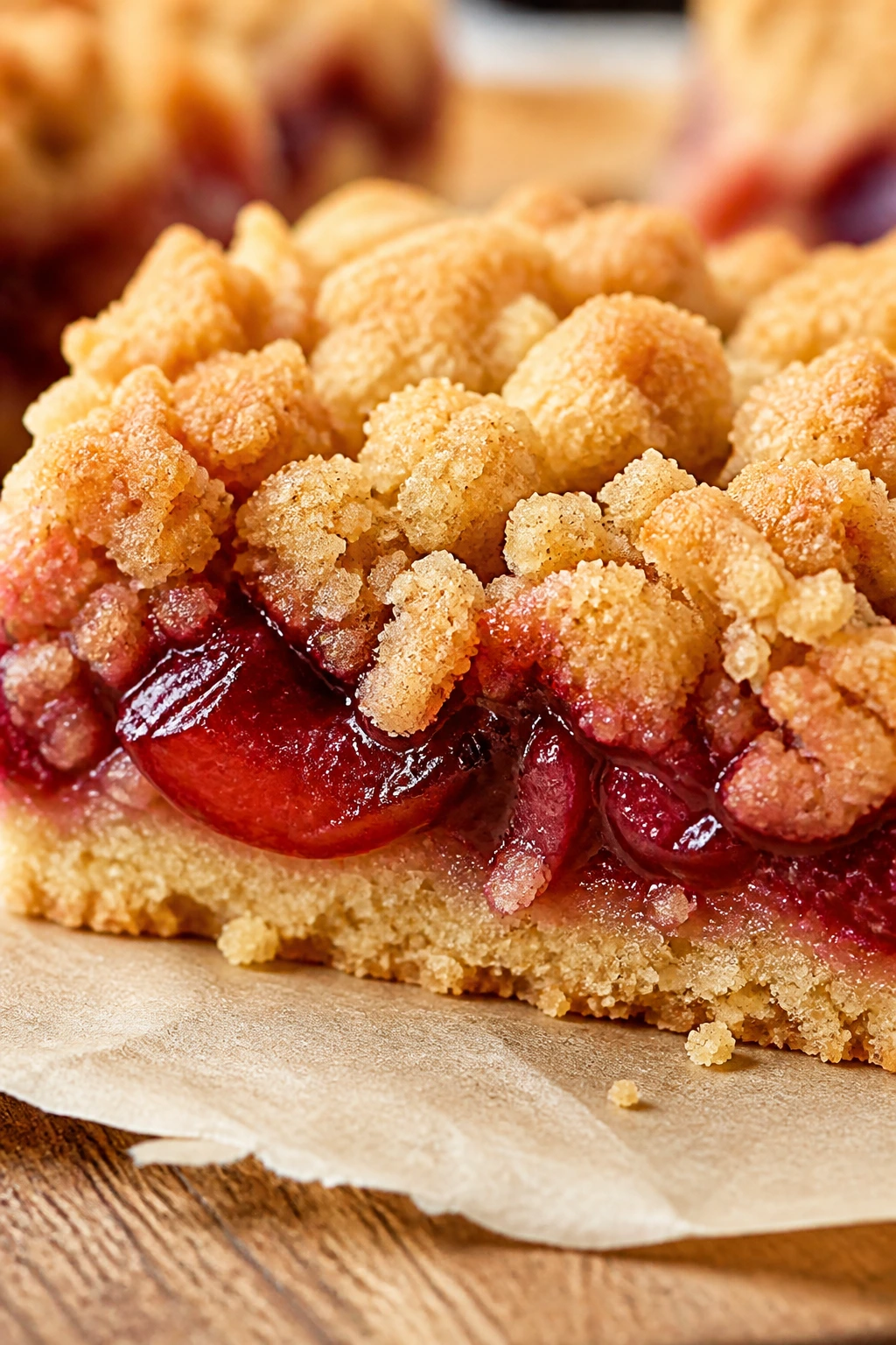 Close-up of a cherry vanilla crumble bar with jammy filling