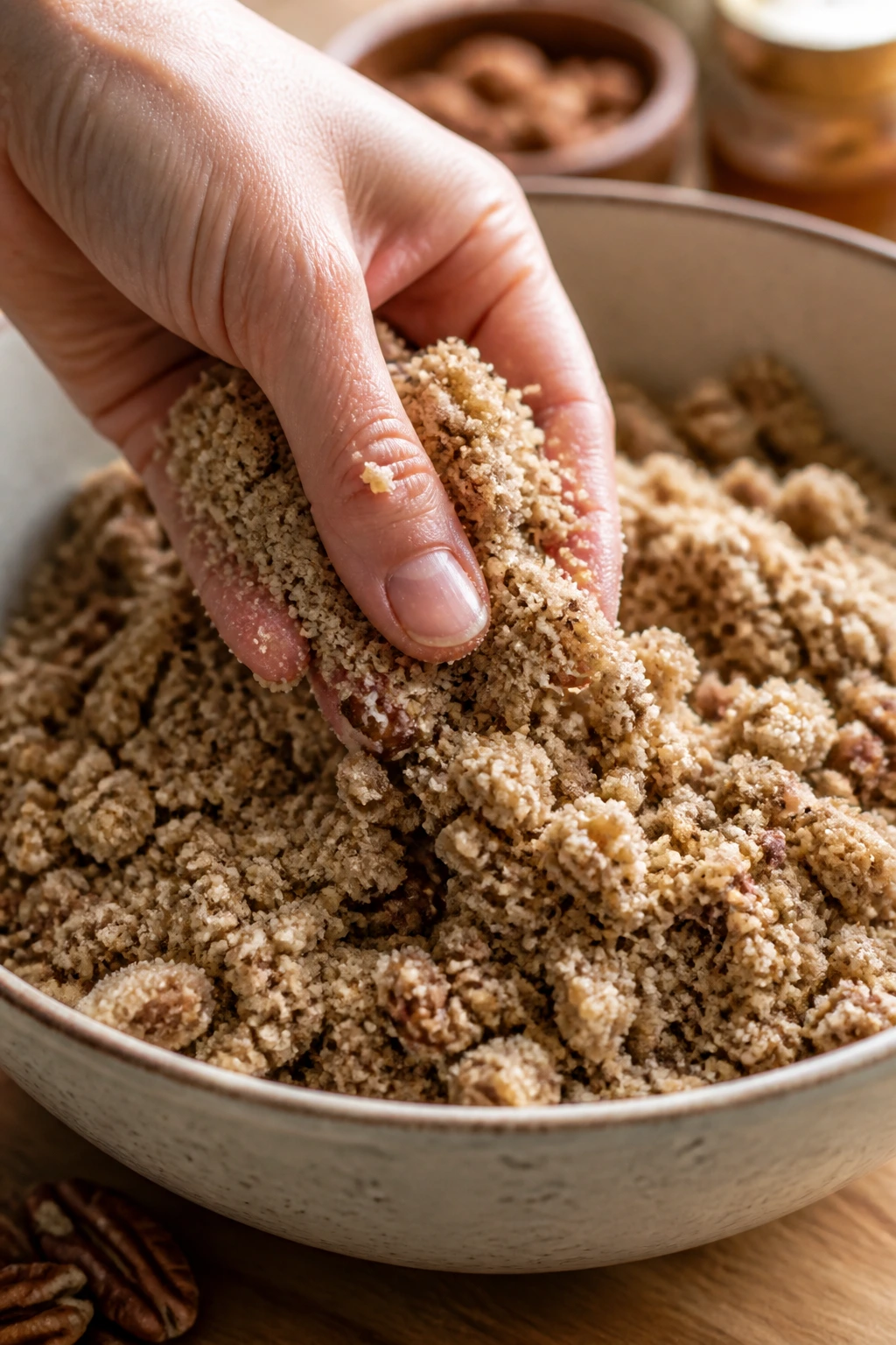 Hands mixing crumble topping to a sandy texture
