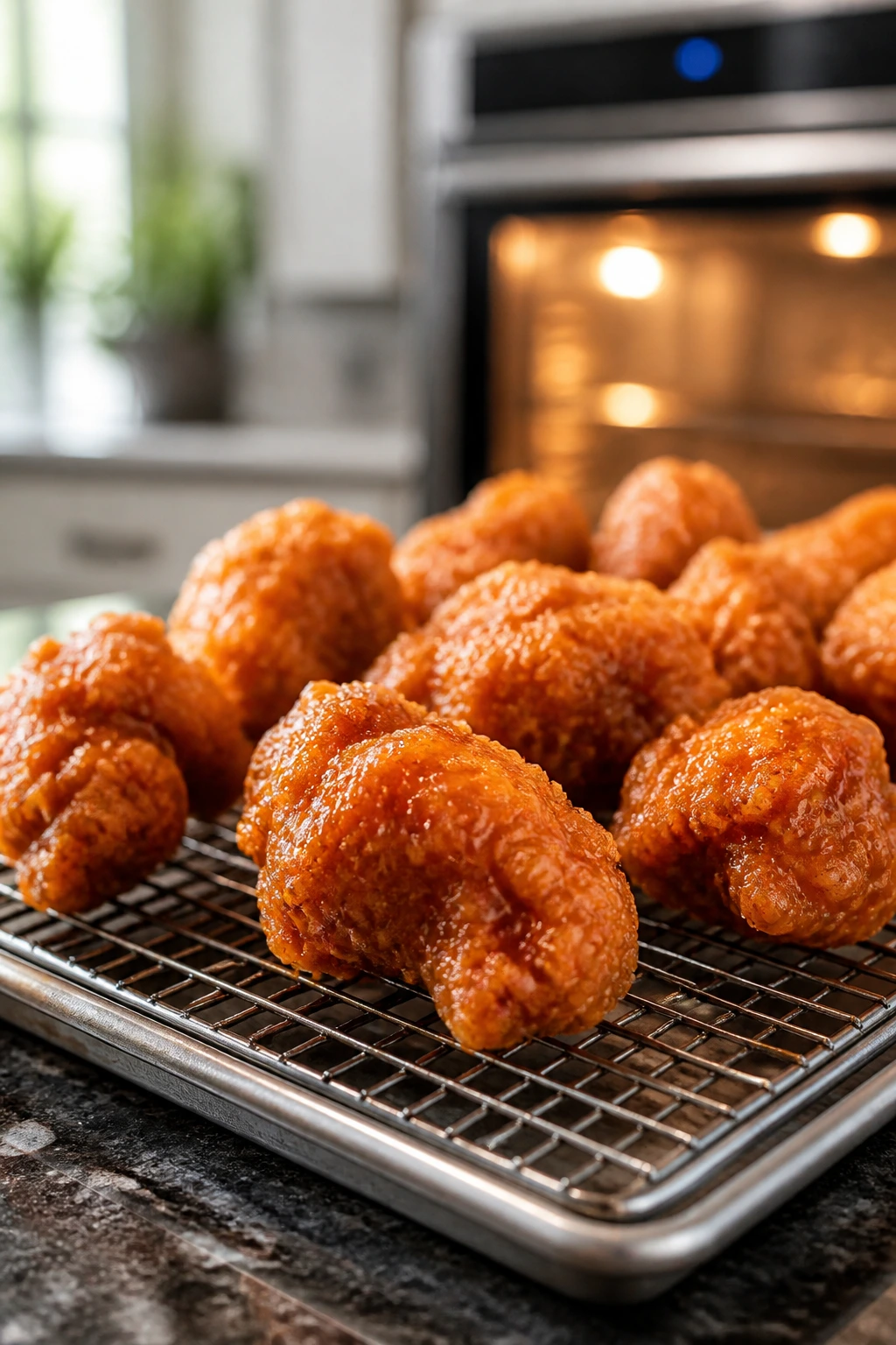Crispy fried chicken on a cooling rack in a kitchen