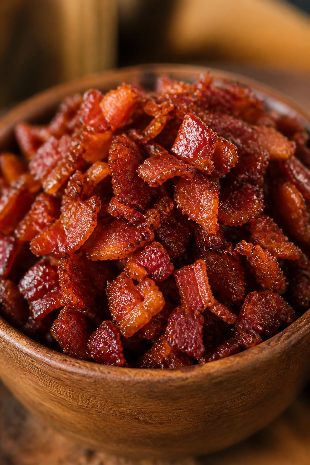 Bowl of glossy bacon crumbles ready to serve in a warm kitchen