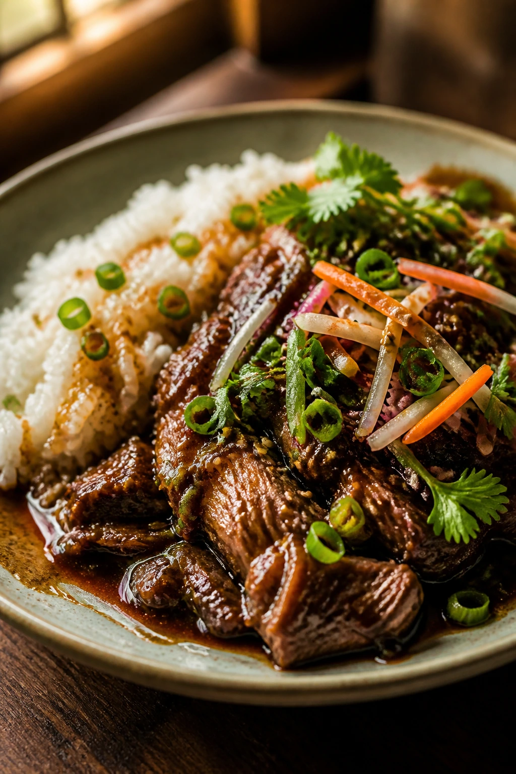 Close-up of a braised meat bowl with glossy sauce, crispy garnish, and rice on a wooden table