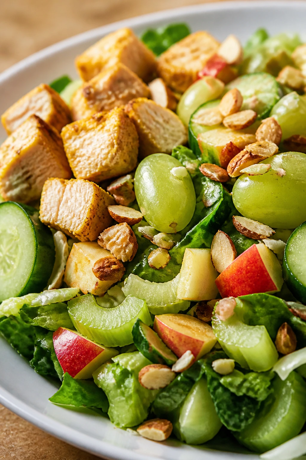 Macro close-up of crisp salad ingredients with chicken