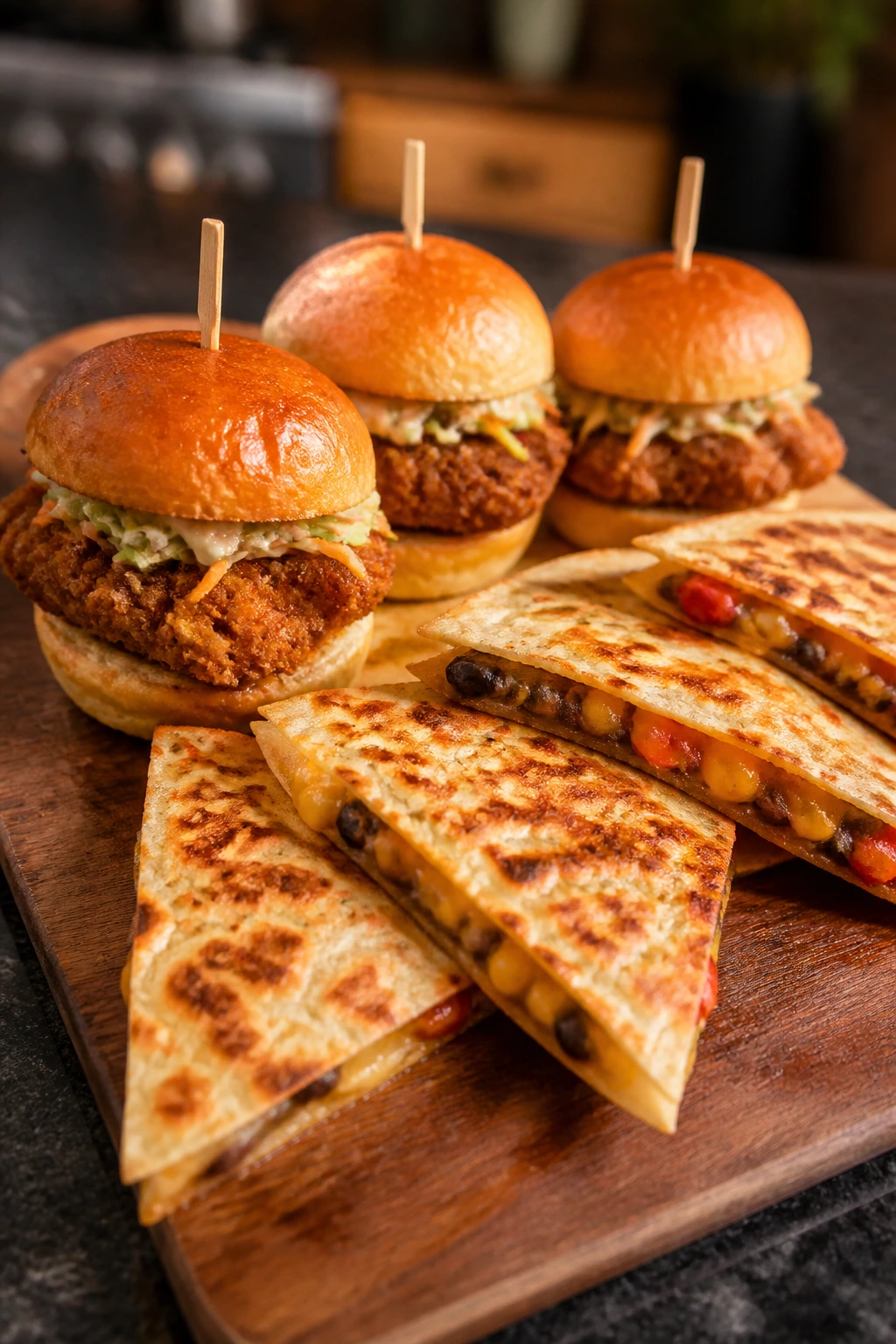 Close-up of a serving board with crispy sliders and quesadilla wedges highlighting crunch