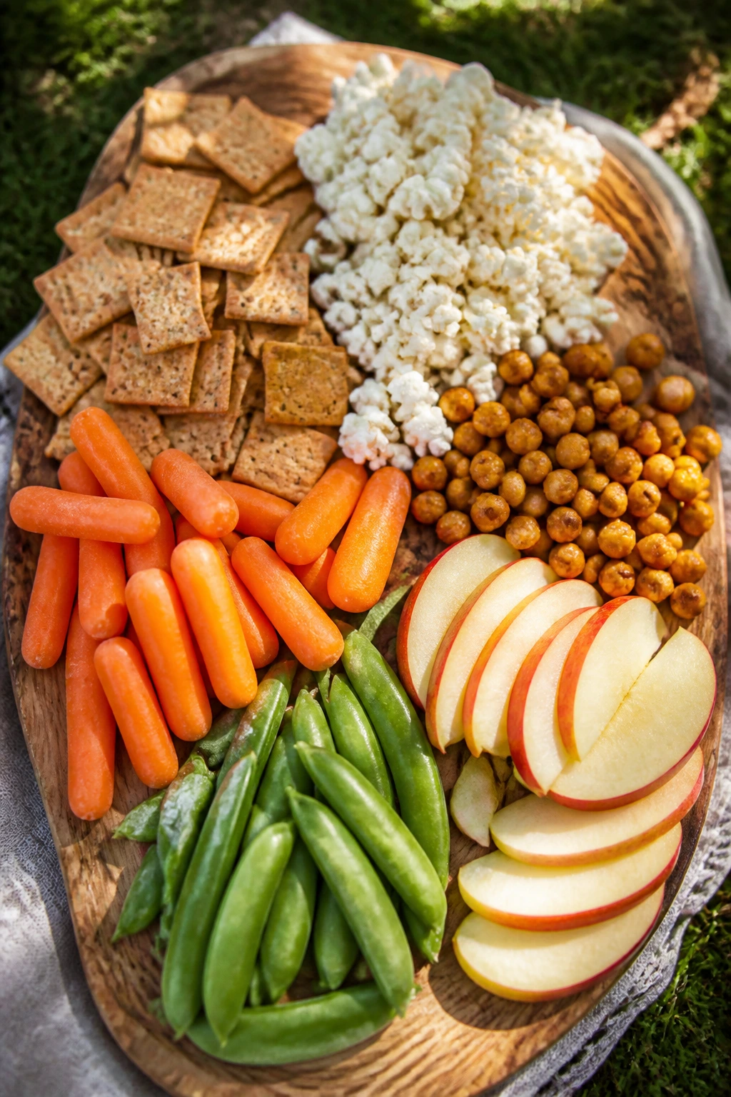 Close-up of crunchy budget-friendly picnic snacks like crackers, popcorn, chickpeas, carrots, peas, and apples outdoors