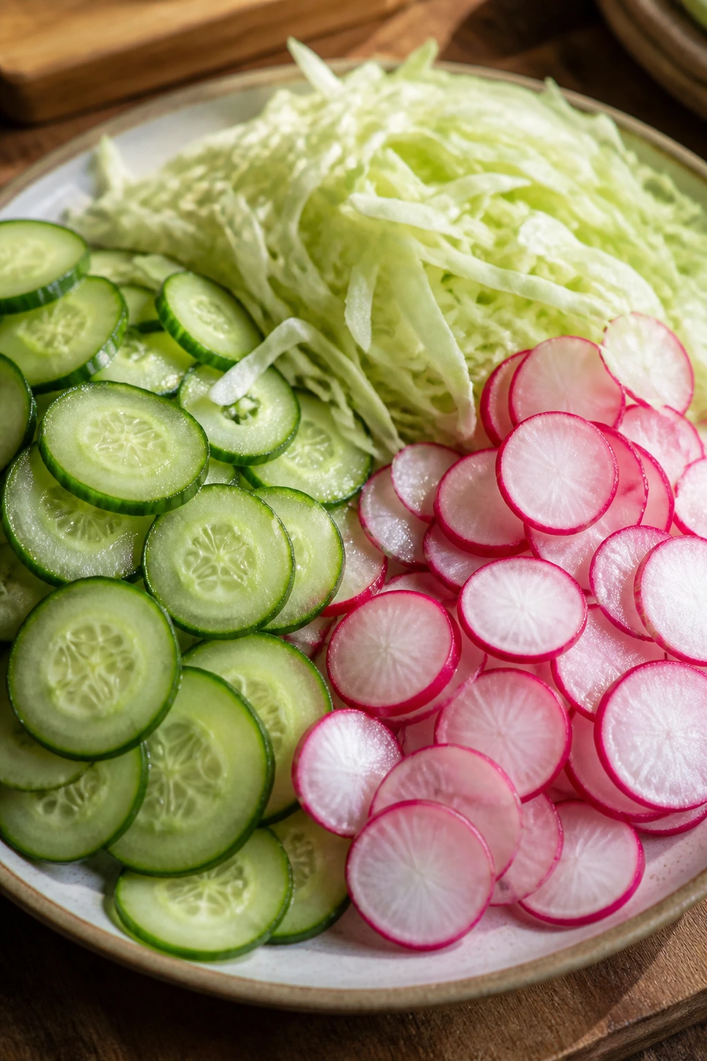 Close-up of a plate of crunchy cucumber, radish, and shaved cabbage on a wooden table