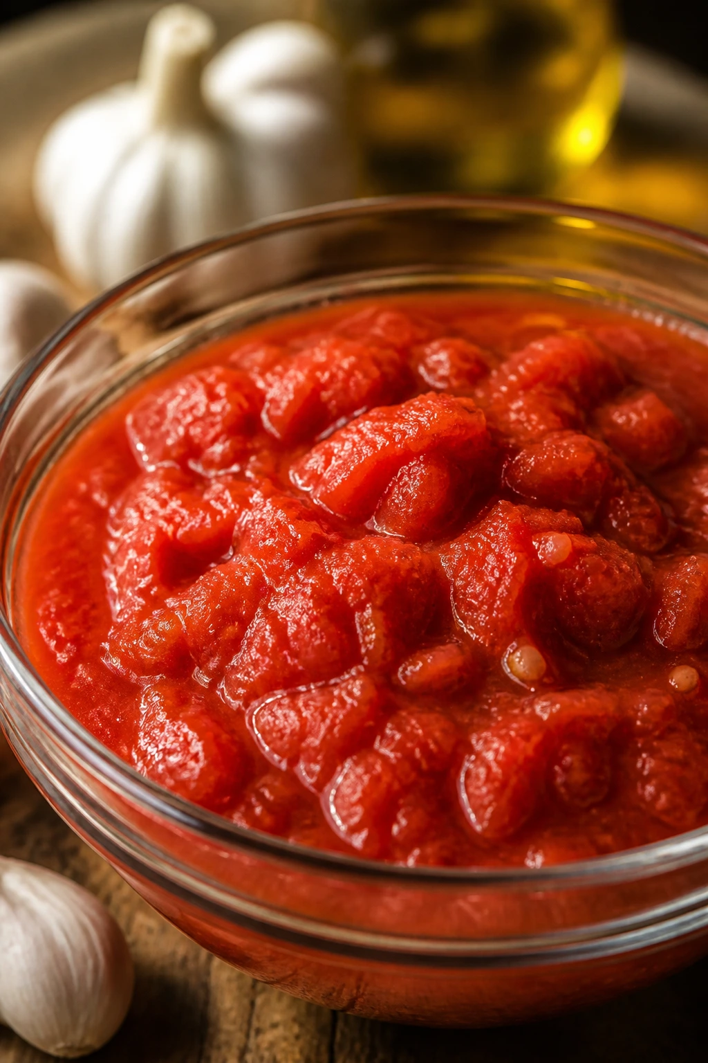 Crushed tomatoes in a glass bowl for sauce