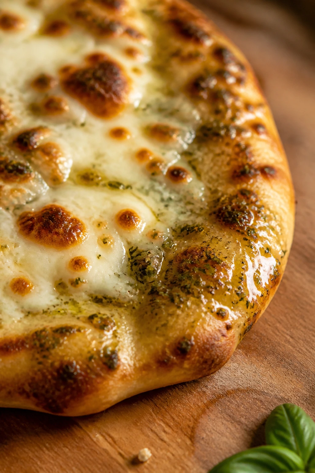 Naan crust edge brushed with herb oil and melted cheese on top