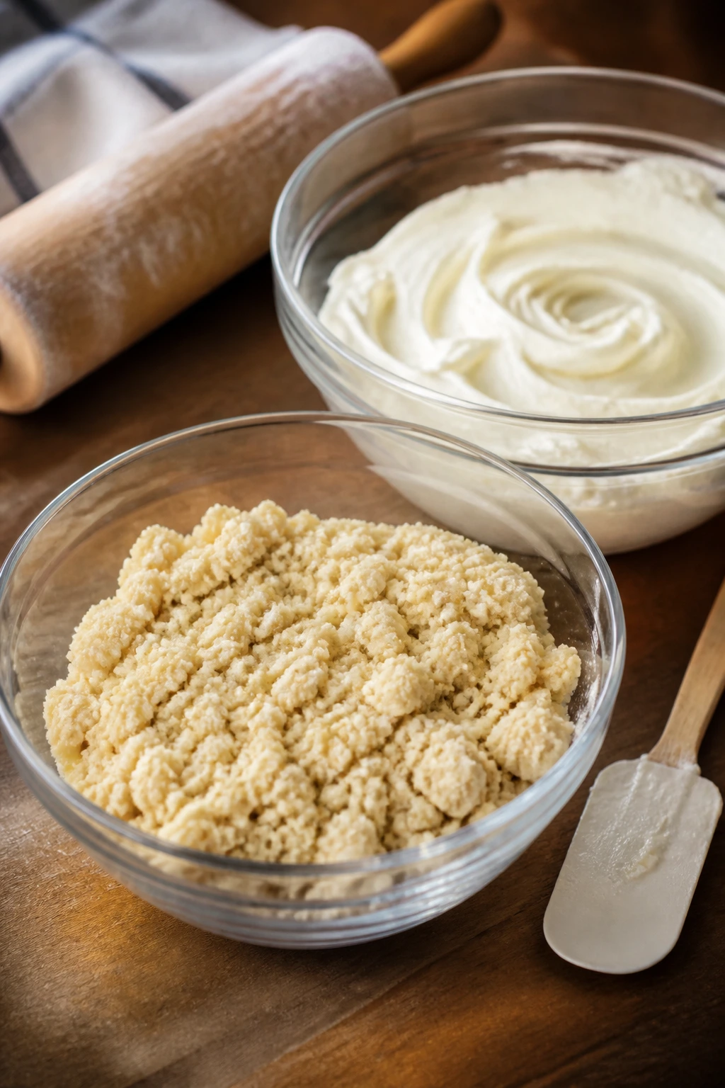 Two bowls with crust dough and cream cheese frosting on a wooden counter