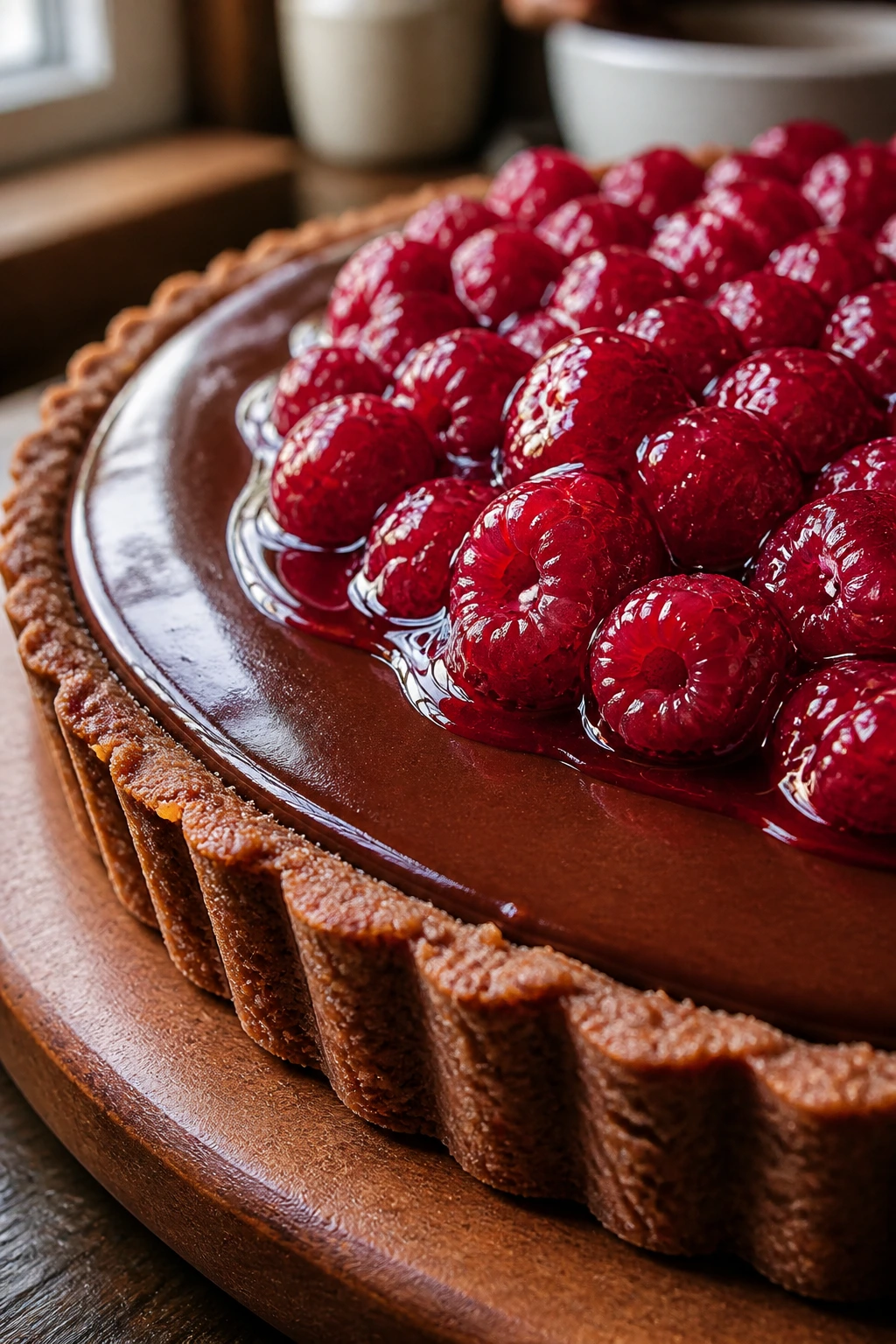 Tart close-up showing crust, chocolate filling, and raspberry layer