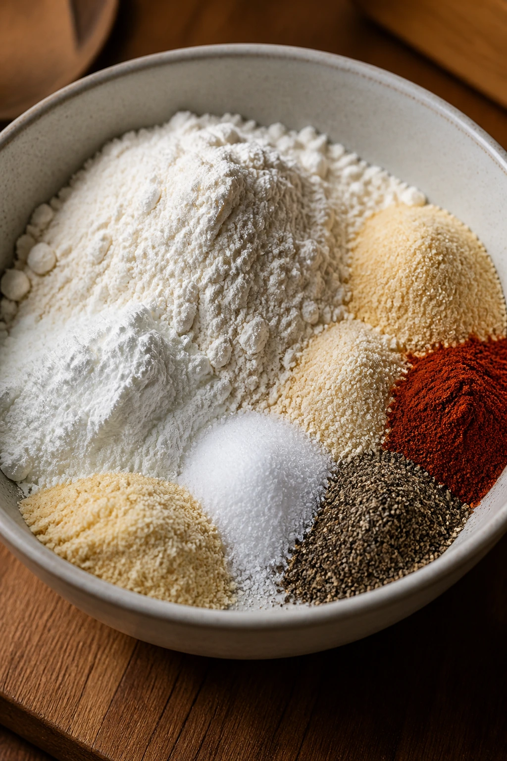 Bowl of dry crust ingredients for crispy chicken on a wooden surface