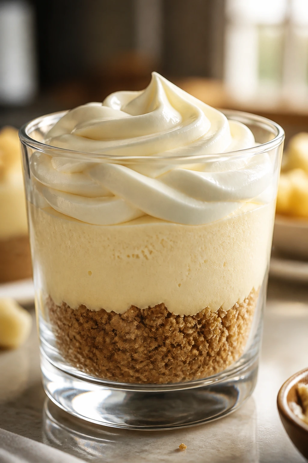 Layered dessert cup showing crust, mousse, and frosting layers