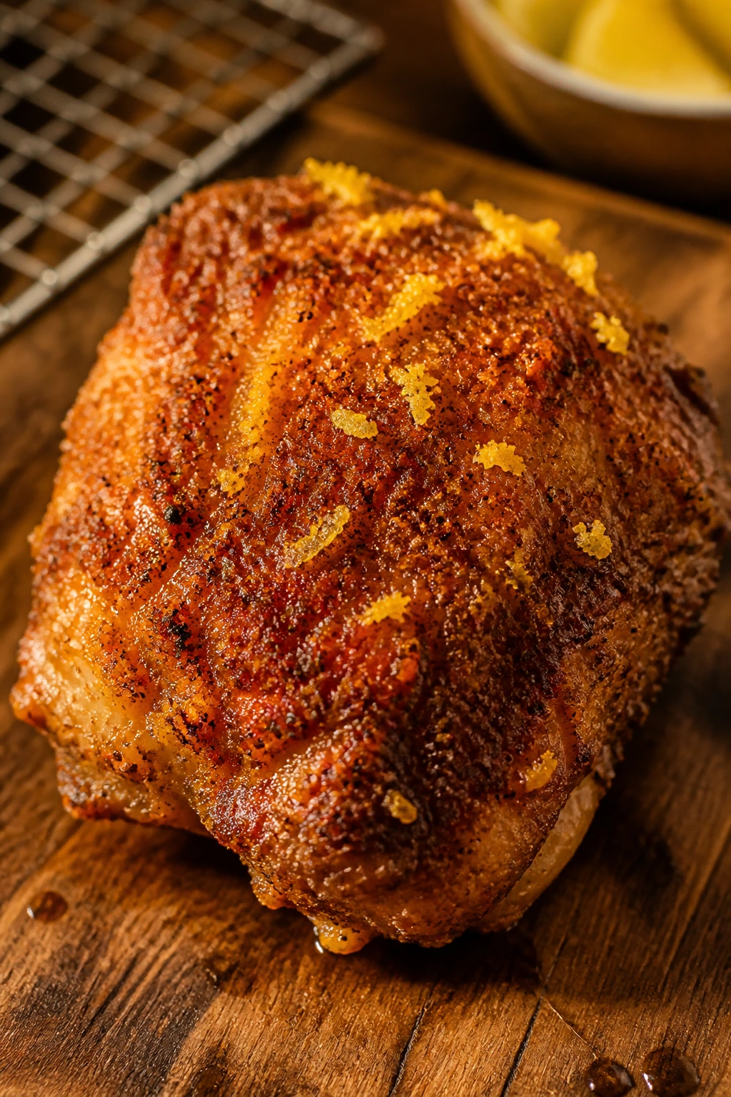 Close-up of crispy fried chicken crust with paprika and lemon zest in warm kitchen light