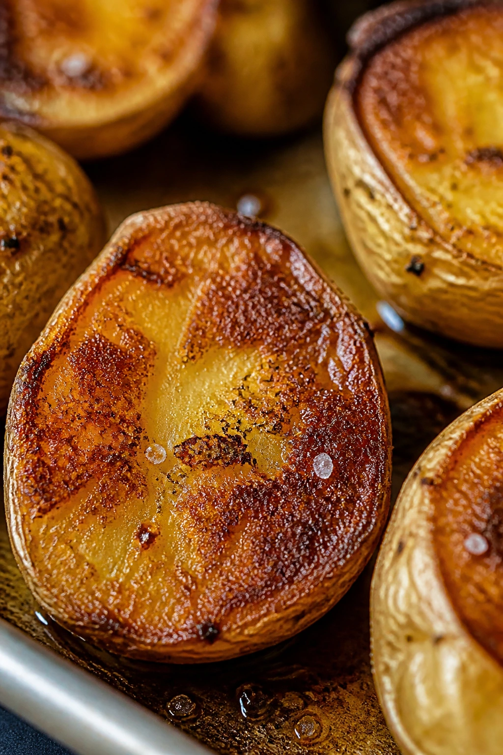 Close-up of crackly crust on roasted potatoes