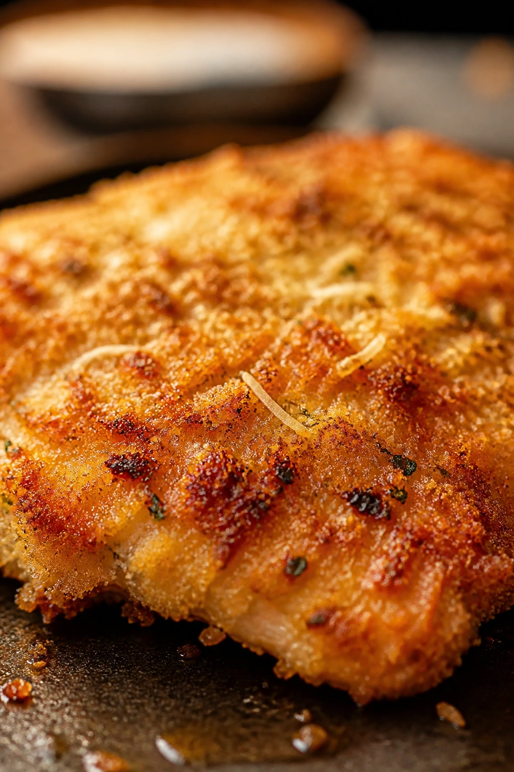 Close-up of golden crust on chicken cutlet showing panko and Parmesan texture