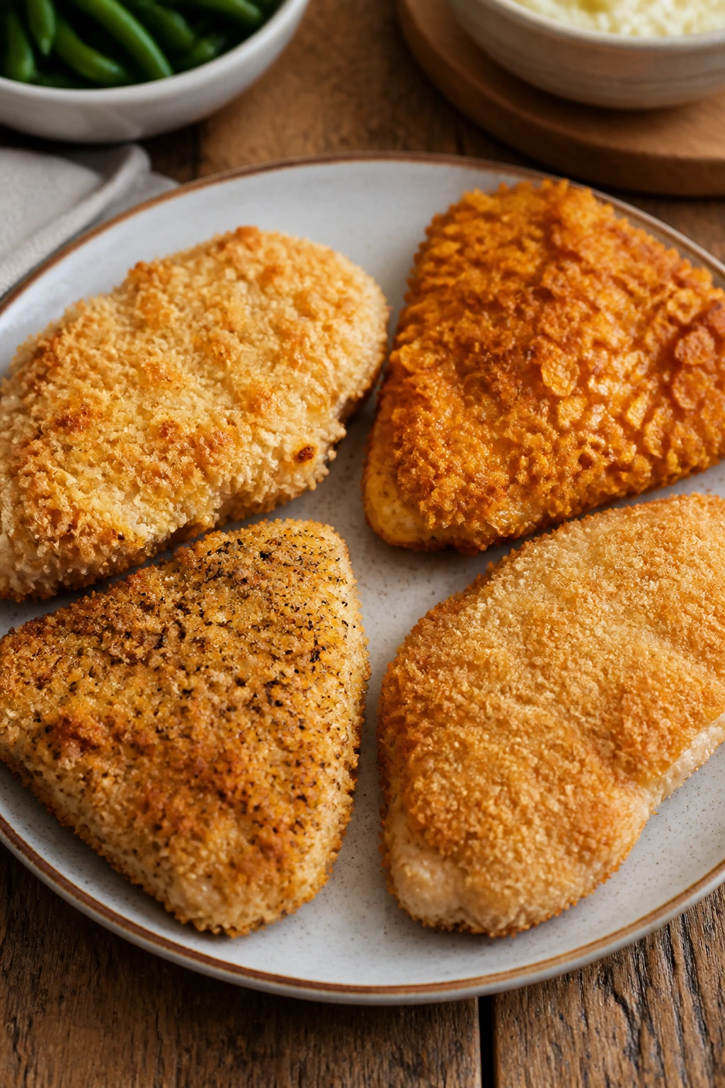 Plate of four chicken cutlets with different crust textures