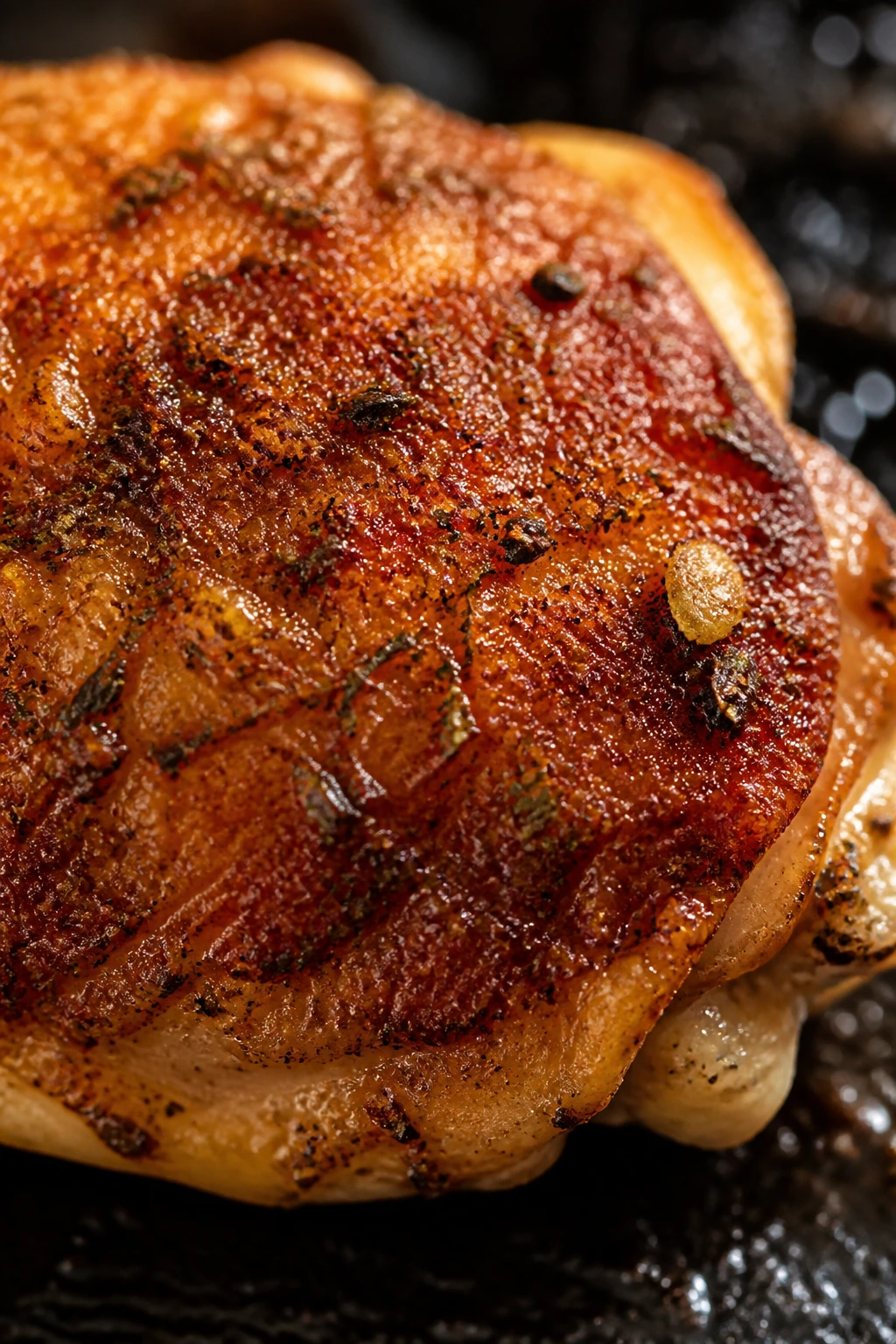 Macro close-up of crusted chicken thigh with paprika and oregano